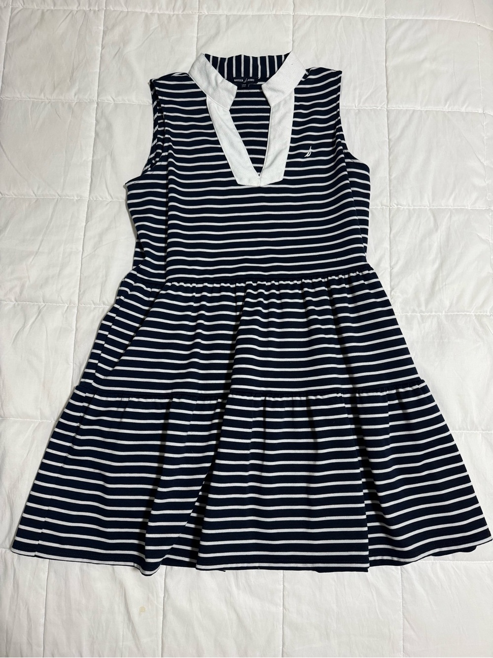 Nautica Navy & White Striped Sleeveless V-Neck Dress